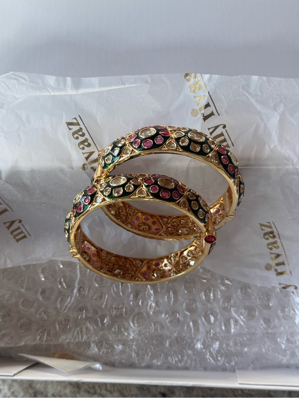 Gold-Tone Multicolor Stone Bangle Bracelet Set - Pink & Green Accents